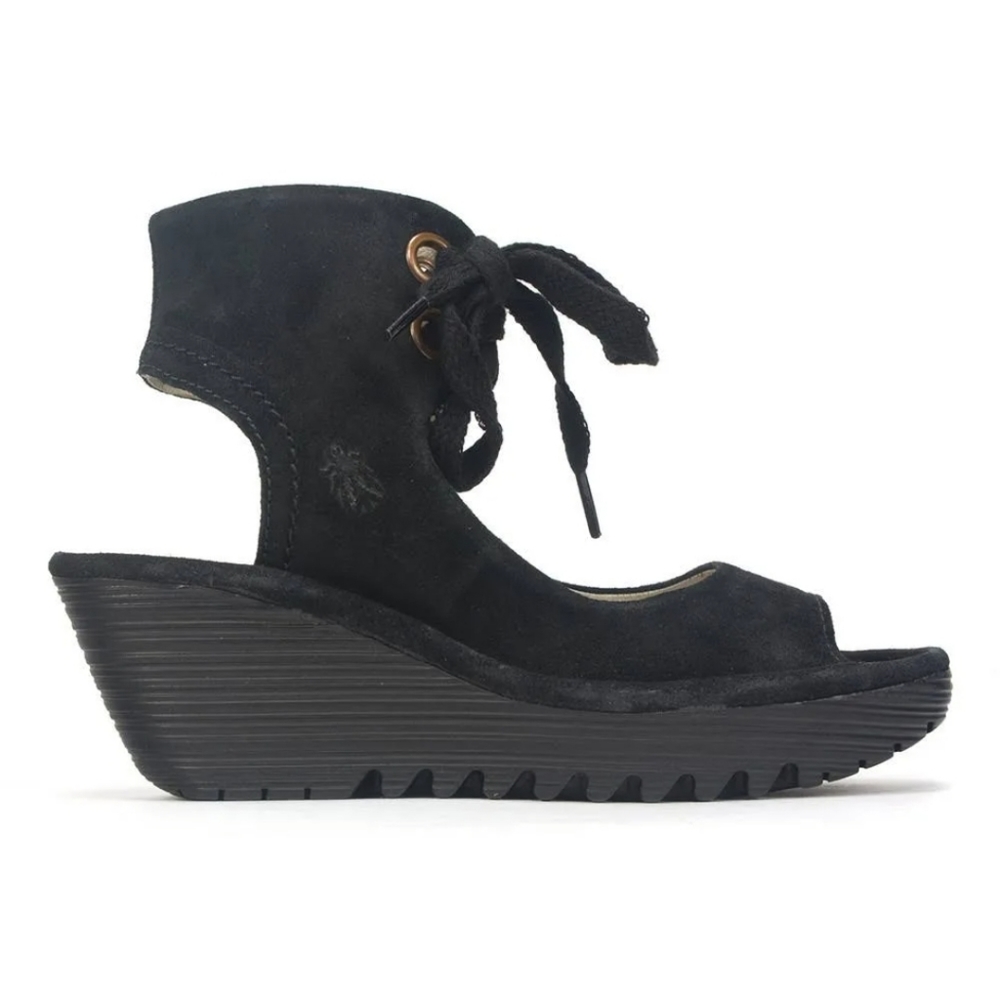 Fly London EU size 37 Yaffa Black Suede Laceup Platform Sandal